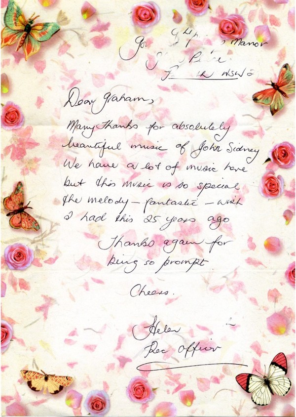 Letter from Helen, a recreation officer in a nursing home in Penrith, NSW, Australia.