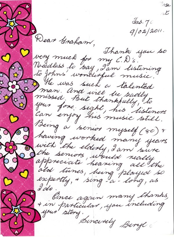 Letter from Beryl in Hobart, Tasmania, Australia.